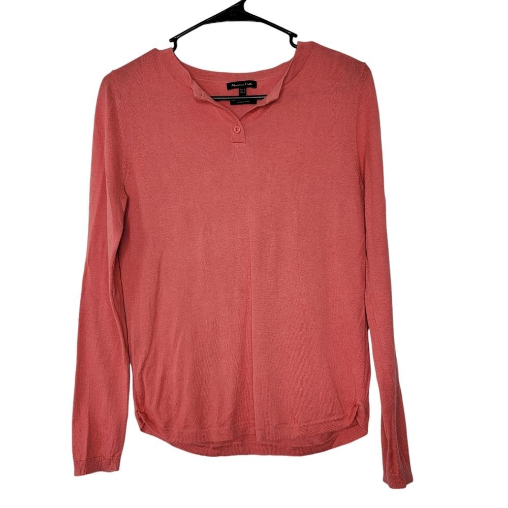Massimo Dutti Size Small Pink Coral V-Neck Henley Button Pullover Sweater